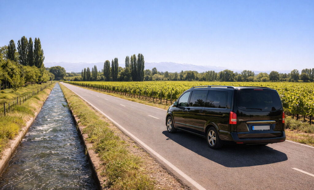 Ruta hacia bodegas en Luján de Cuyo, Mendoza, con viñedos y paisaje mendocino en día soleado