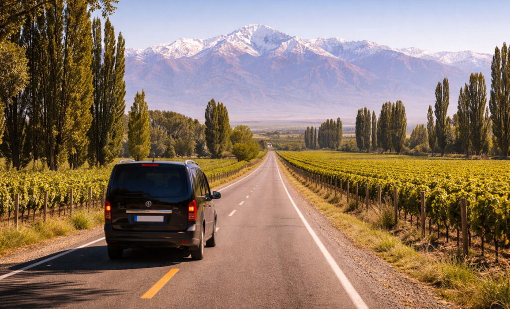 Camino hacia el Valle de Uco desde Mendoza, ruta con viñedos y vista a la Cordillera de los Andes