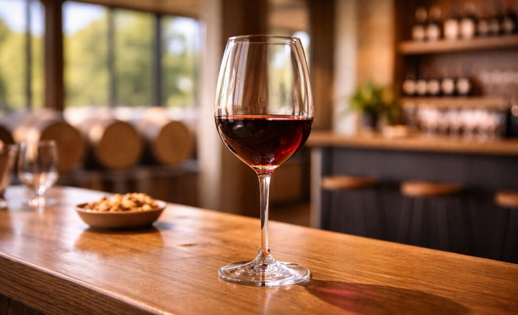 Degustación de Malbec en Luján de Cuyo: copa de vino tinto en sala de cata con luz natural