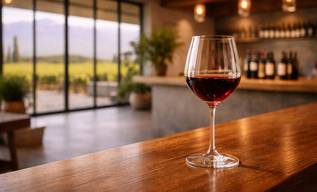 Degustación de vinos en el Valle de Uco: copa de tinto en bodega con luz natural y ambiente moderno