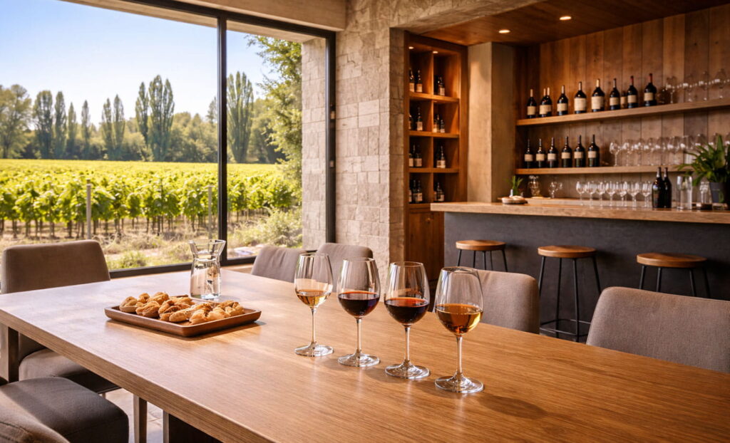 Bodega boutique en Luján de Cuyo, Mendoza: sala de cata moderna con vista a viñedos