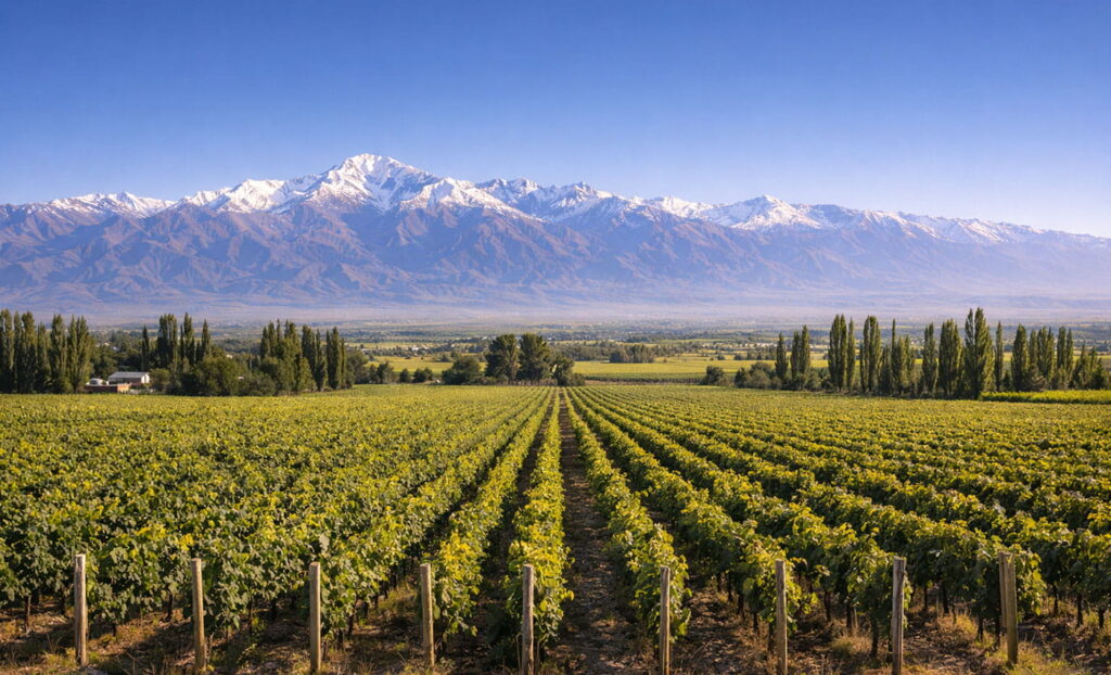 Qué hacer en Valle de Uco, Mendoza: panorama de viñedos con álamos y la Cordillera de los Andes imponente