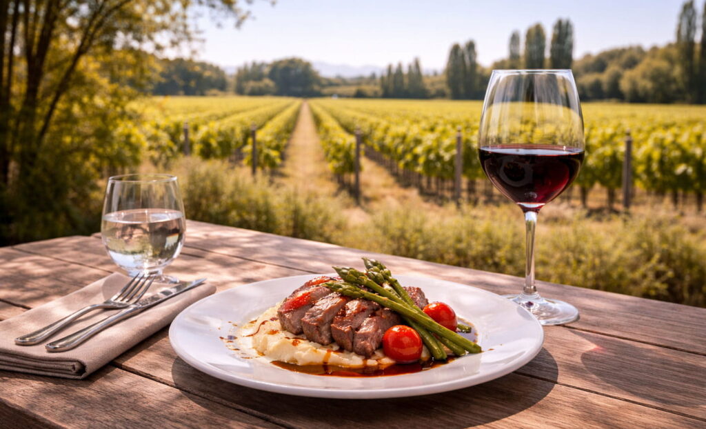 Almuerzo en bodega en Luján de Cuyo con plato gourmet, copa de vino y viñedos de fondo
