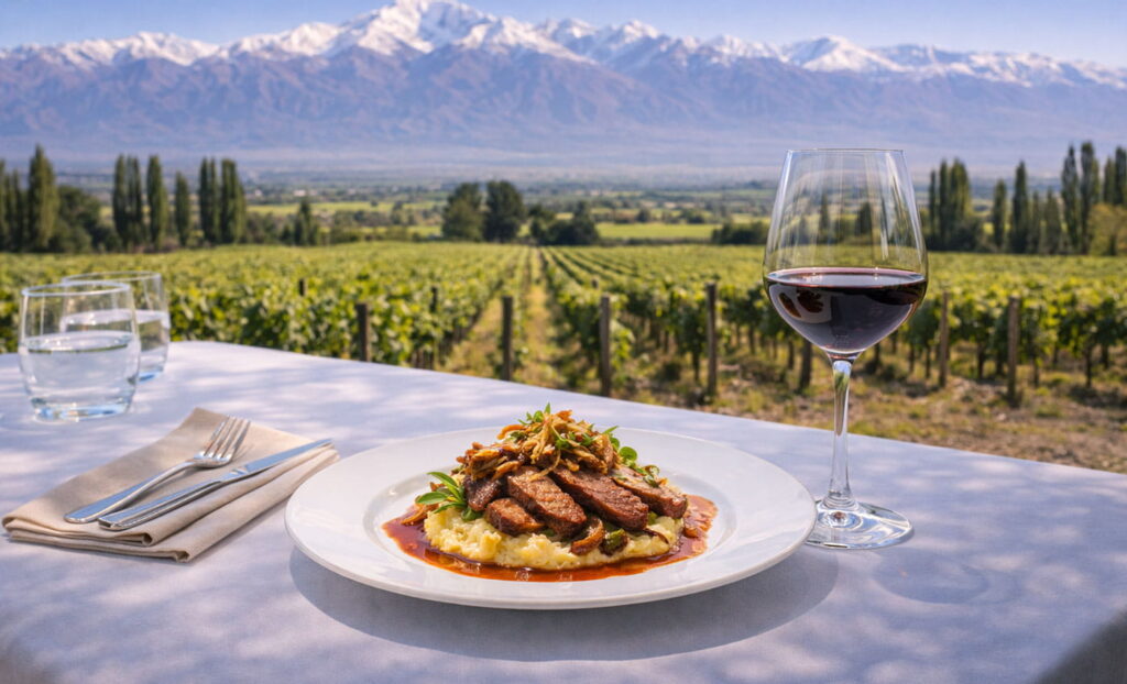 Almuerzo en bodega en el Valle de Uco con plato gourmet, copa de vino y viñedos de montaña de fondo