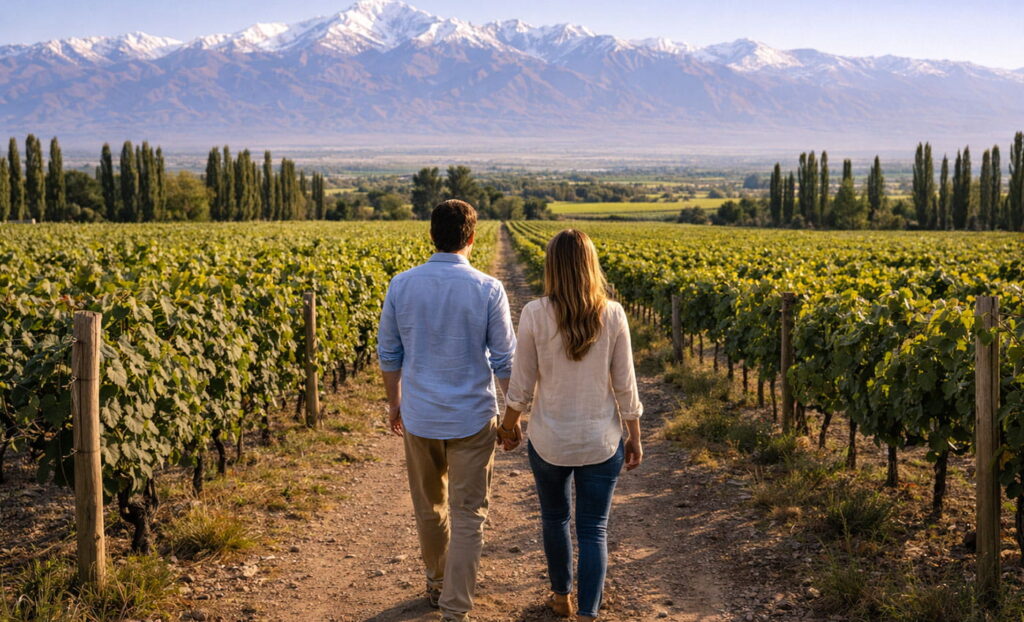Caminata entre viñedos en el Valle de Uco, Mendoza, con sendero de tierra y vista a la montaña