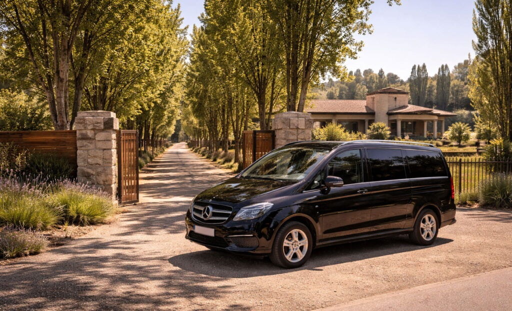 Transporte para tour en Luján de Cuyo: llegada a bodega con vehículo sin logos en camino arbolado