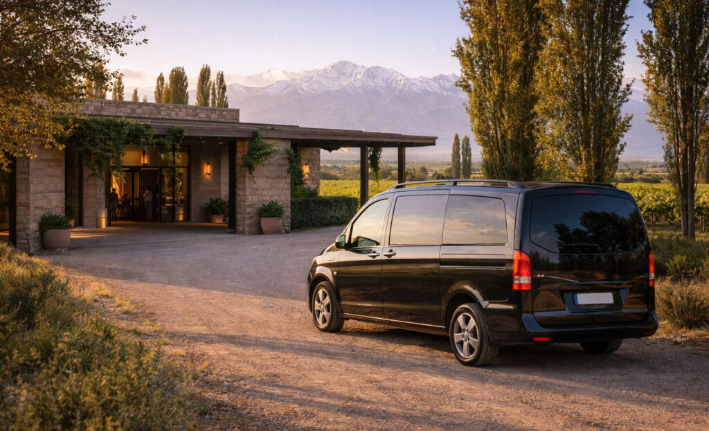Transporte para tour de bodegas en Valle de Uco: van en la entrada de una bodega con camino arbolado