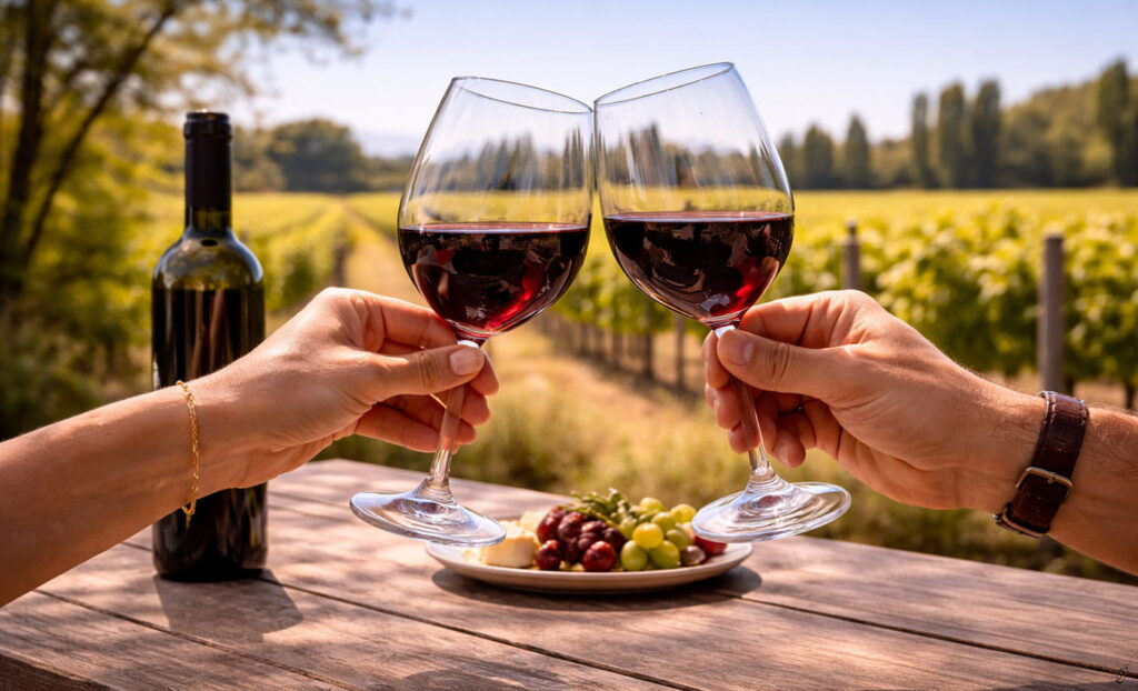 Brindis diurno en viñedos de Luján de Cuyo, Mendoza, dos copas chocando suave