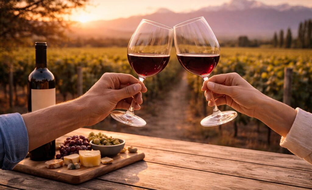 Brindis al atardecer en viñedos del Valle de Uco, dos copas chocando suave con paisaje de montaña
