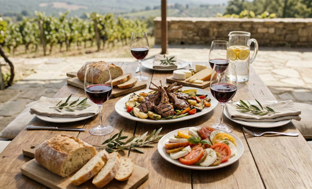 Mesa de almuerzo gourmet en bodega mendocina con platos regionales y copas de vino durante la Vendimia.