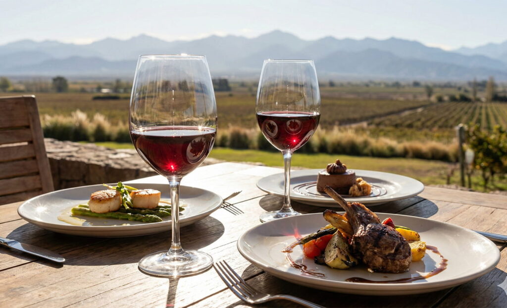 Almuerzo gourmet en terraza de bodega en Mendoza con copas de vino y vistas a la Cordillera de los Andes