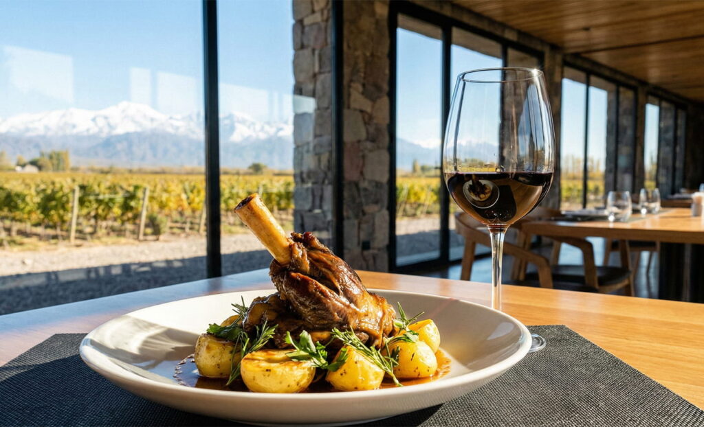 Almuerzo gourmet en el restaurante de Bodega Zuccardi con vistas a los viñedos de altura.
