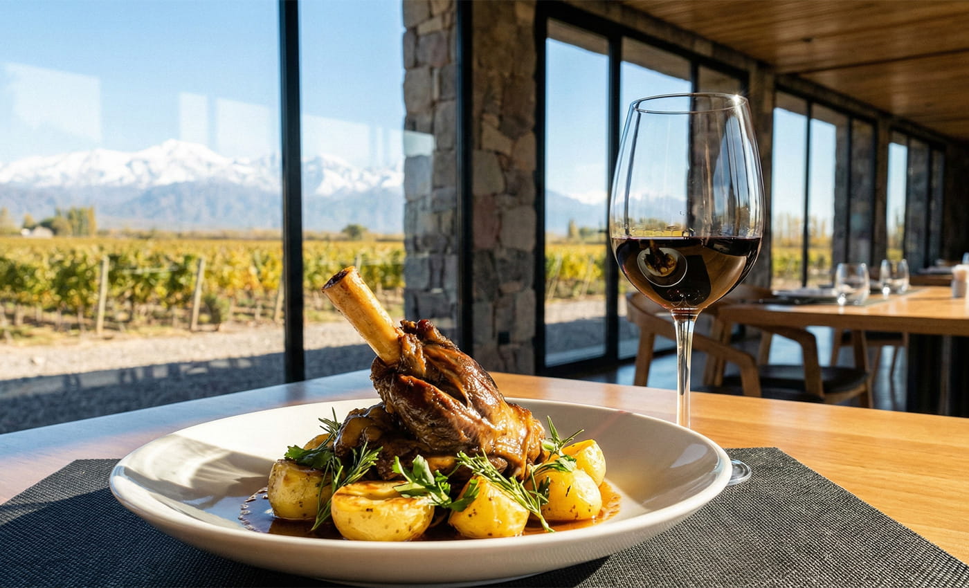 Almuerzo gourmet en el restaurante de Bodega Zuccardi con vistas a los viñedos de altura.