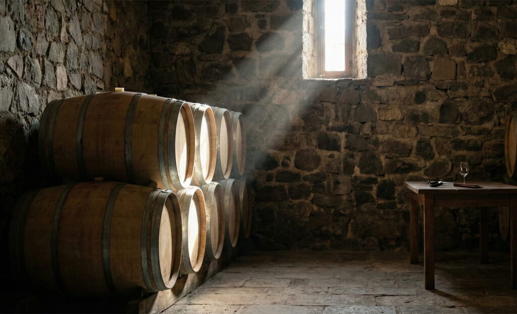 Interior de una bodega boutique tradicional en Mendoza con barricas de roble y luz cálida filtrada.