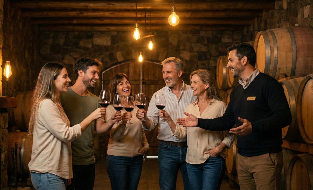 Grupo de personas brindando con un guía bilingüe en una cava tradicional de Mendoza.