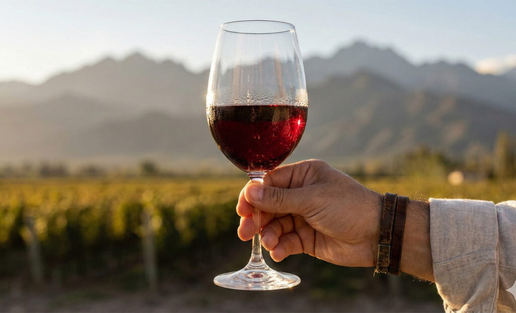 Una copa de vino Malbec frente a la montaña en una bodega de Luján de Cuyo.
