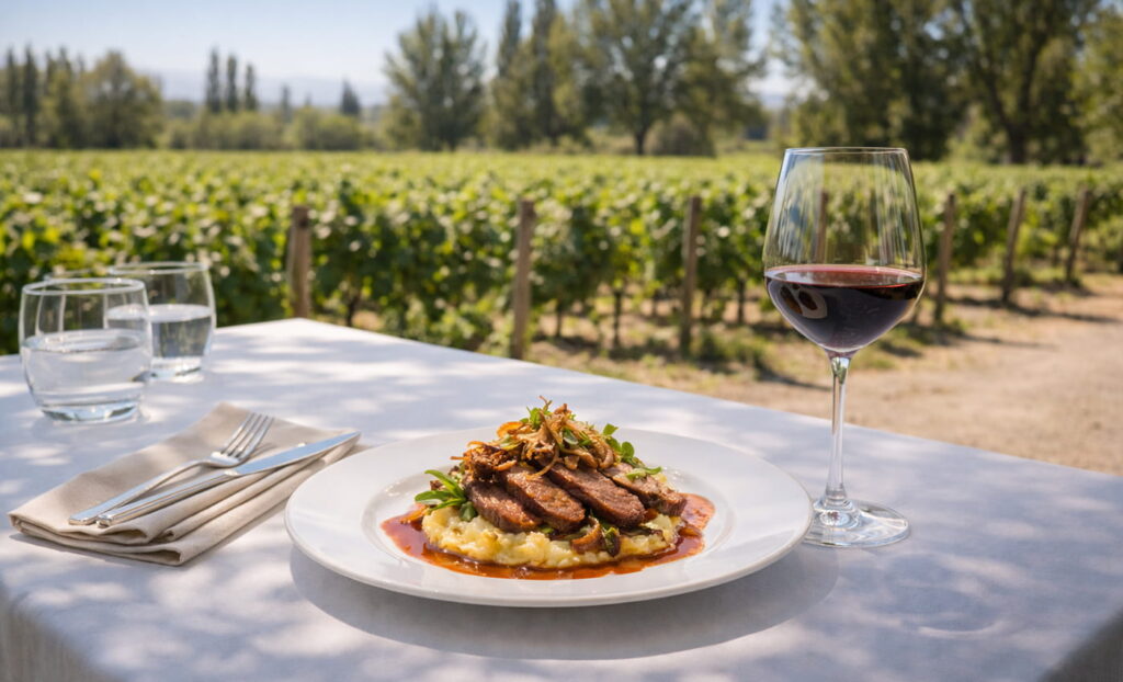 Almuerzo en bodega en Maipú durante un tour privado, con plato servido, copa de vino y viñedos de fondo
