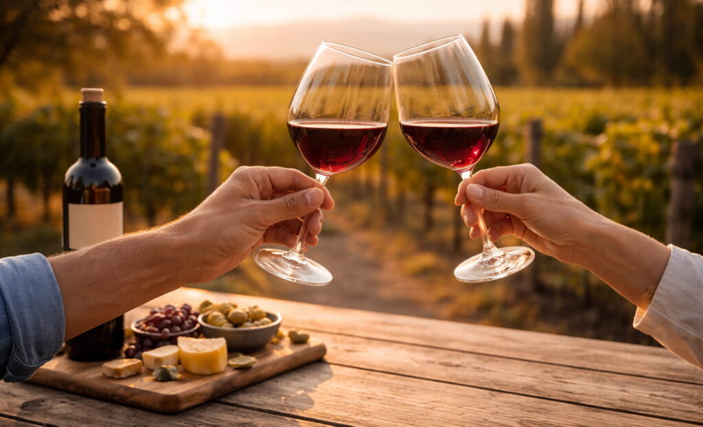 Brindis al atardecer en viñedos de Maipú, dos copas chocando suave sobre mesa de madera sin etiquetas