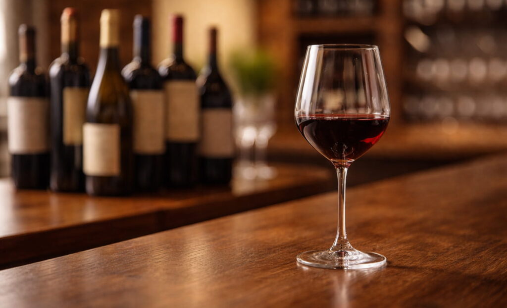 Copa de vino tinto en degustación dentro de una bodega en Maipú, con ambiente cálido y relajado