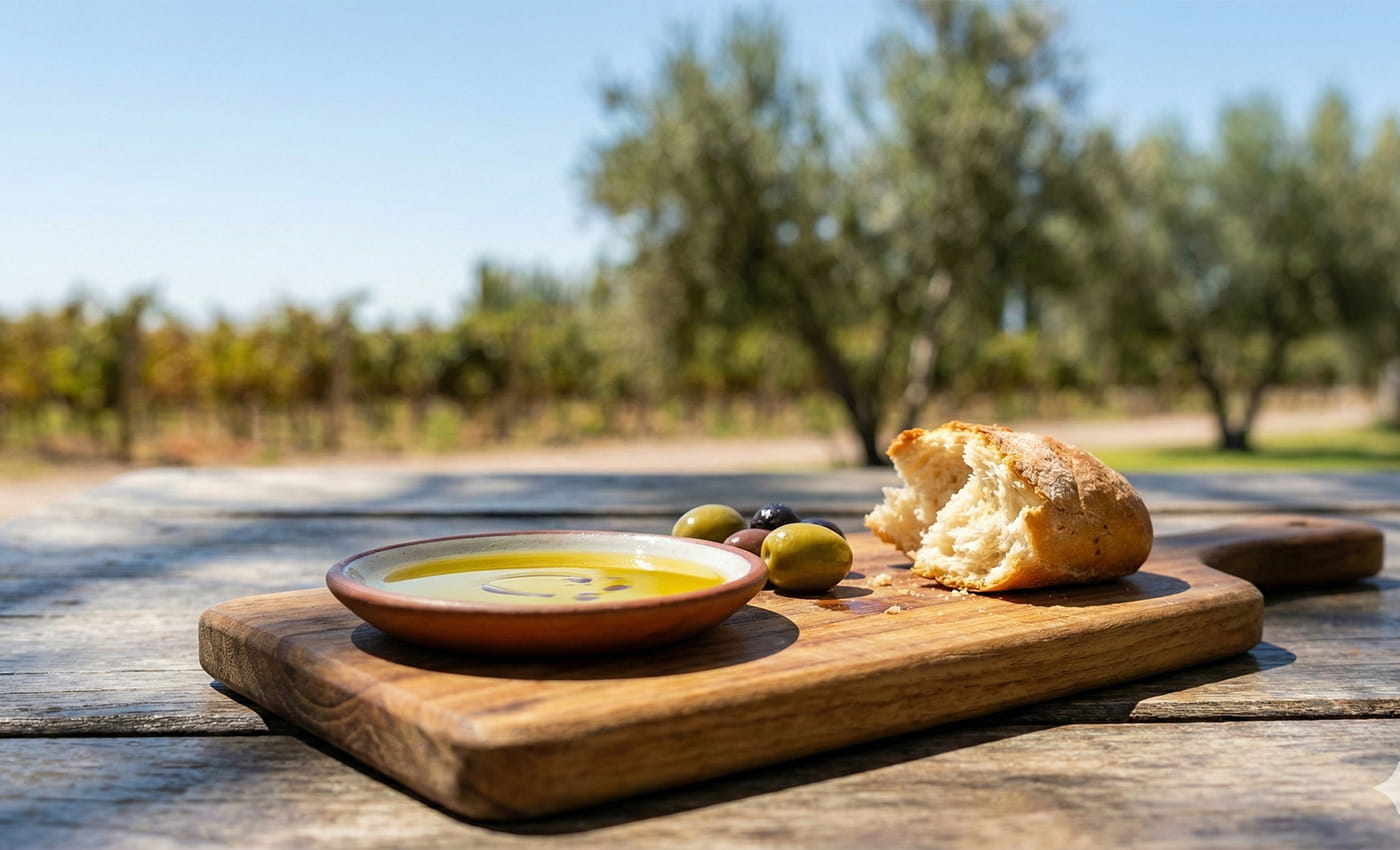 Maipú, Mendoza: viñedos con la Cordillera de los Andes y mesa con vino tinto y aceite de oliva