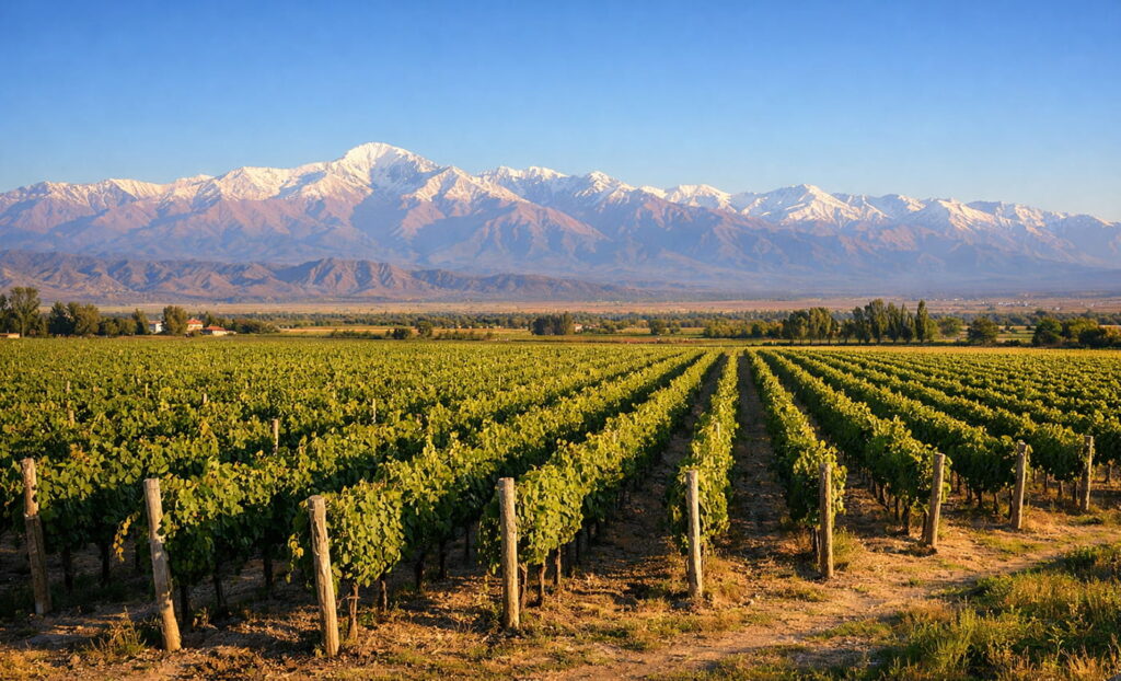 Viñedos en Maipú con la Cordillera de los Andes al fondo, luz cálida de tarde y paisaje abierto