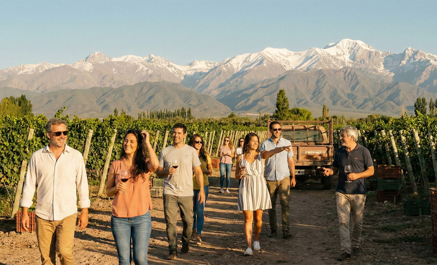 Turistas disfrutando de un tour por viñedos en Mendoza durante la Vendimia 2026.