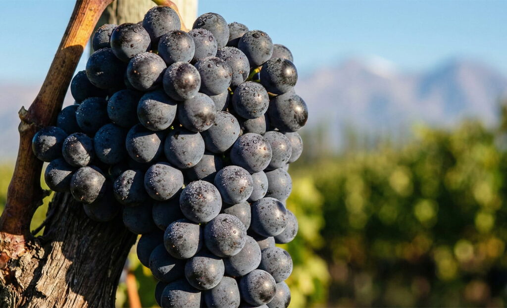 Primer plano de racimos de uva Malbec maduros listos para la cosecha 2026 en una bodega de Mendoza
