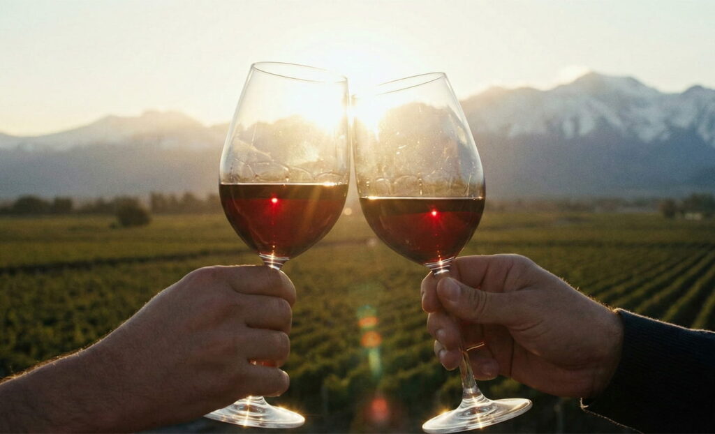 Brindis en una terraza de bodega con vistas a la Cordillera de los Andes en Mendoza.