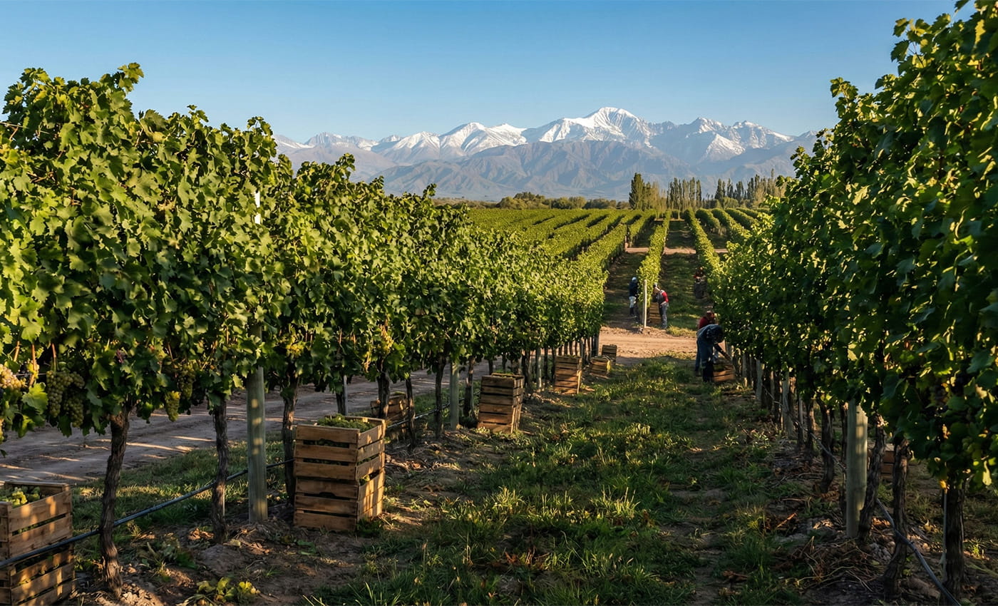 Paisaje de viñedos en Mendoza con la Cordillera de los Andes nevada durante la temporada de Vendimia 2026
