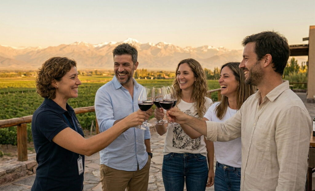 Grupo de turistas disfrutando de un tour de vinos en Mendoza.