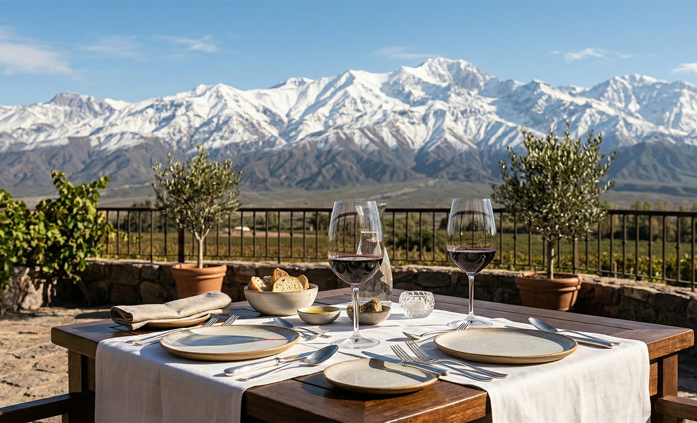Almuerzos en bodegas Mendoza con vista a la Cordillera de los Andes.