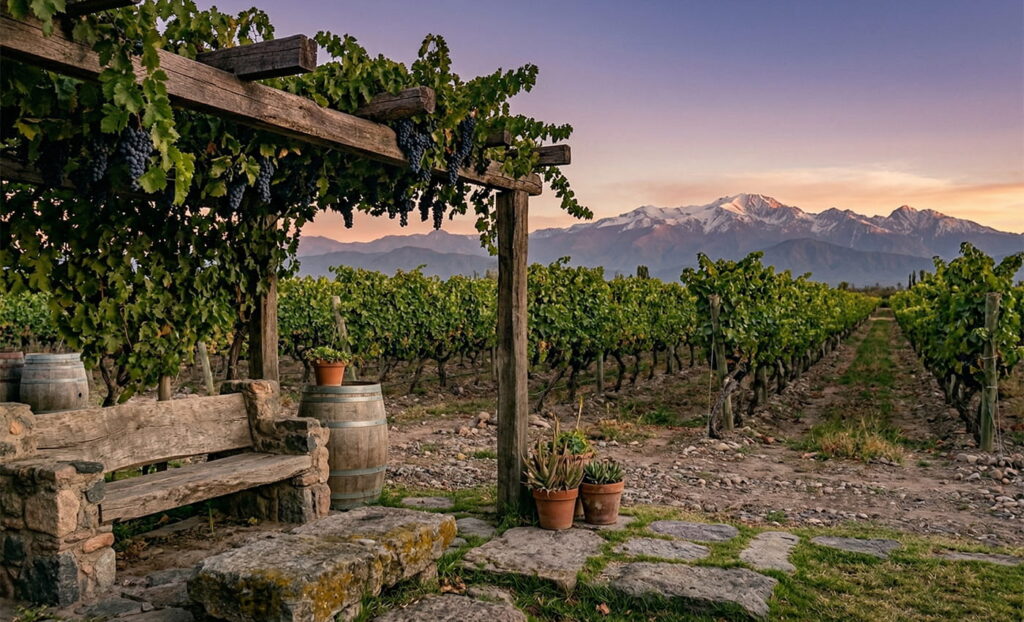 Paisaje de viñedos en bodegas boutique Mendoza al atardecer.