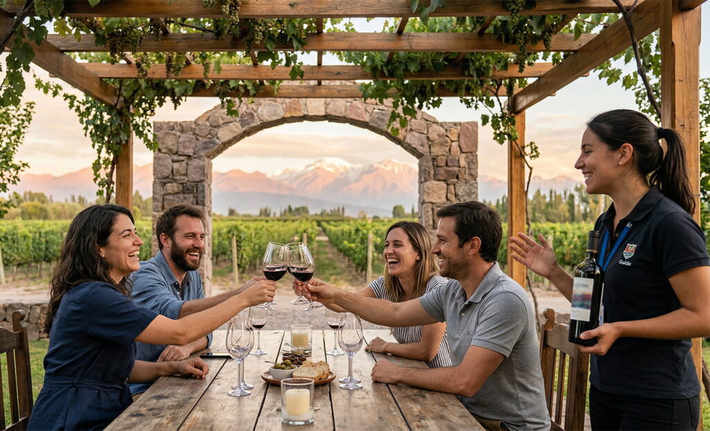 Turistas disfrutando de degustaciones en Mendoza sin preocuparse por conducir.