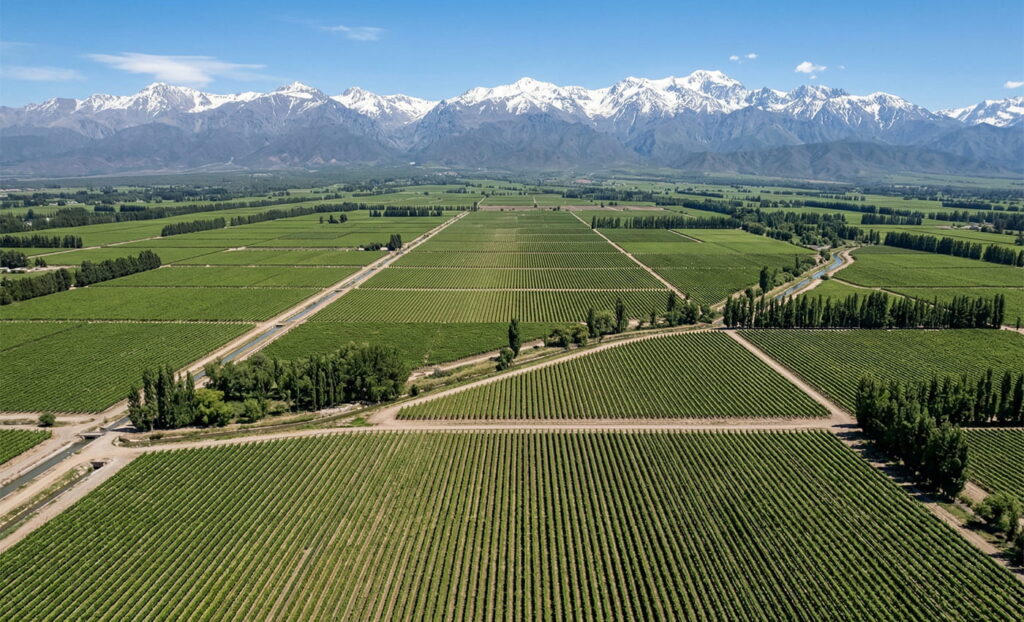 Paisaje de montaña y viñedos en Valle de Uco, Mendoza.